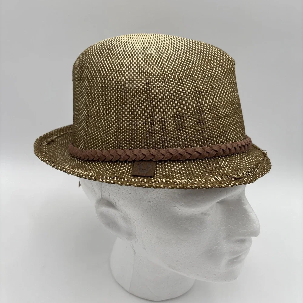 True Religion Jeans Paper Straw Fedora Hat Small/Medium Distressed‎ Leather NWT